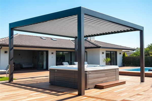 Photo d'une Pergola Bioclimatique EOLITE Autoportée avec un spa